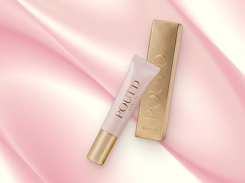 Pout'd lip plumper, a needle-free alternative to lip filler, on pink silk
