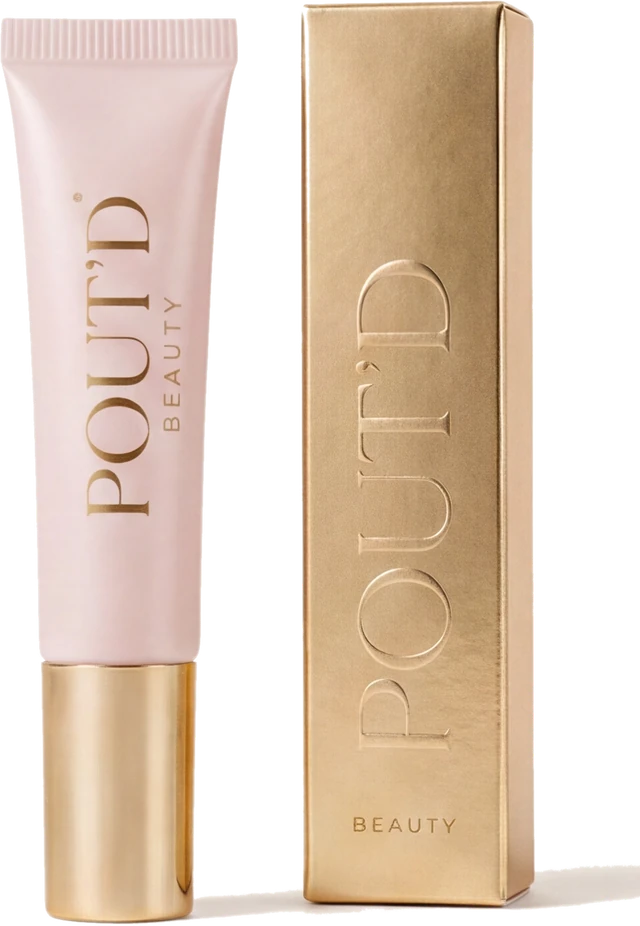 Pout'd Lip Plumper — pink tube and gold box, a glossy plumper for fuller-looking thin lips